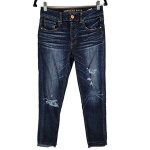 American Eagle Tomgirl Jeans Dark Wash Button Fly Stretch Distressed Denim sz 0‎
